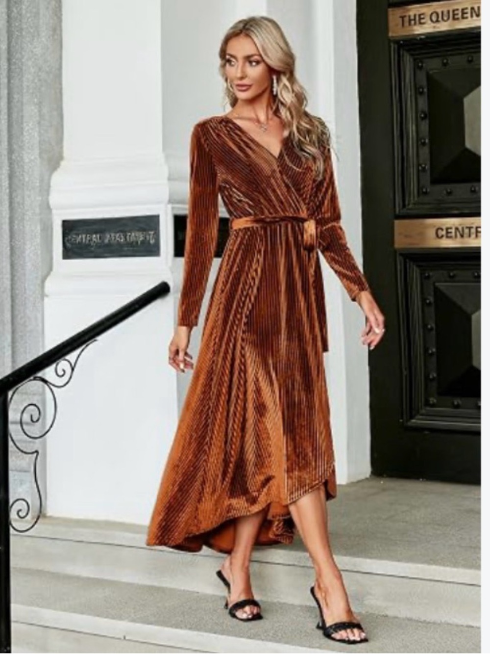 Simple Copper Brown High-Low Velvet Wrap Dress